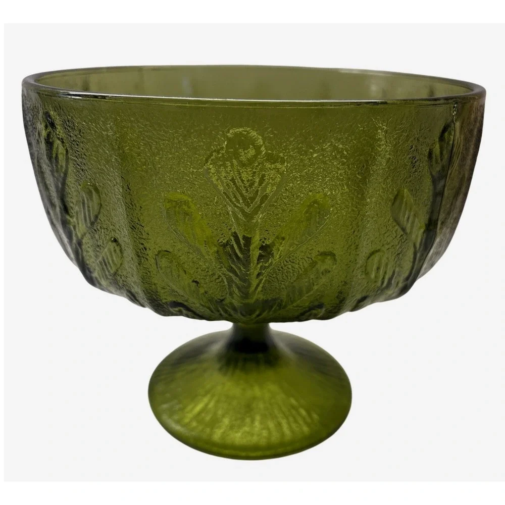 Vintage Avocado Green Glass Compote Bowl Embossed Leaf Pedestal Dish 7 Inch